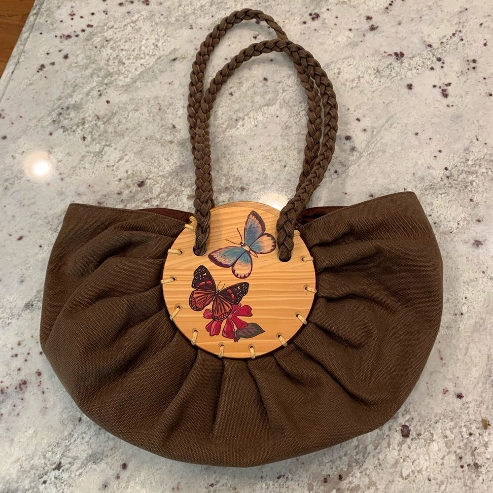 Vintage Braciano Wood & Canvas Boho Butterfly Bag Brown